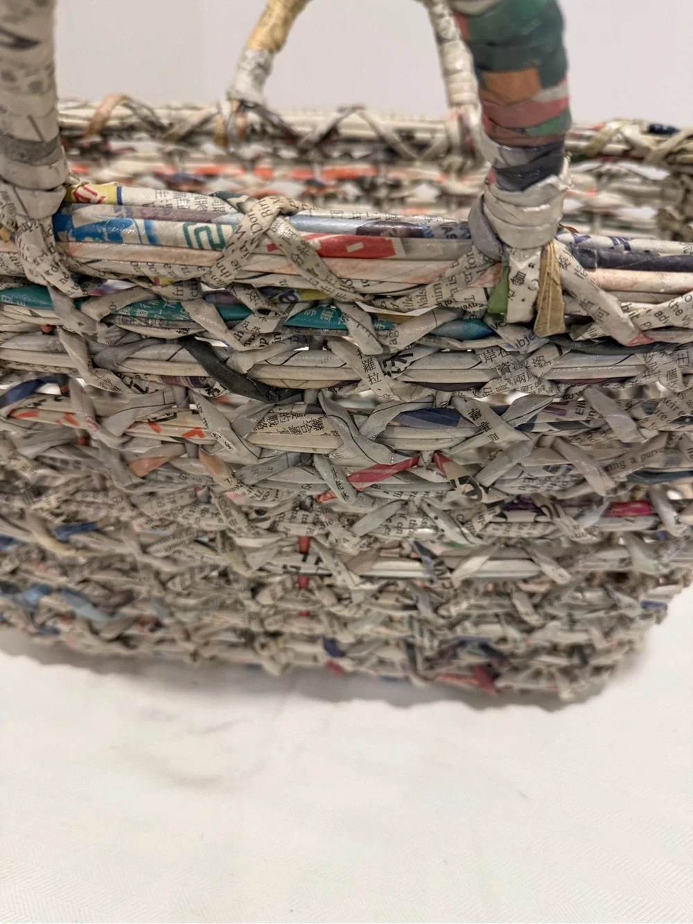 Hand Crafted Multi-Color Woven Newspaper Basket with Gray Tones